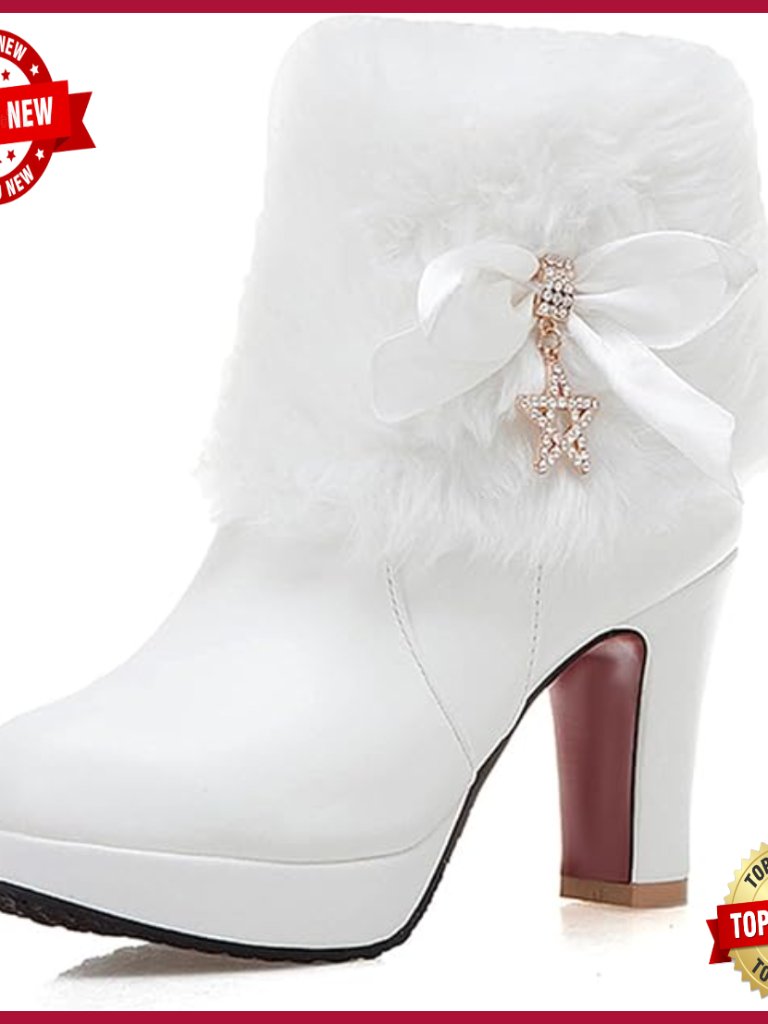 Furry Chunky Heel Ankle Boots Winter Warm Side Zip Dress Booties Rhinestone Bow